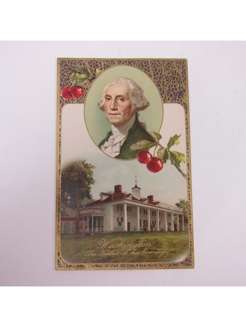 Postcard George Washington Portrait & Mount Vernon Cherries Patriotic Antique